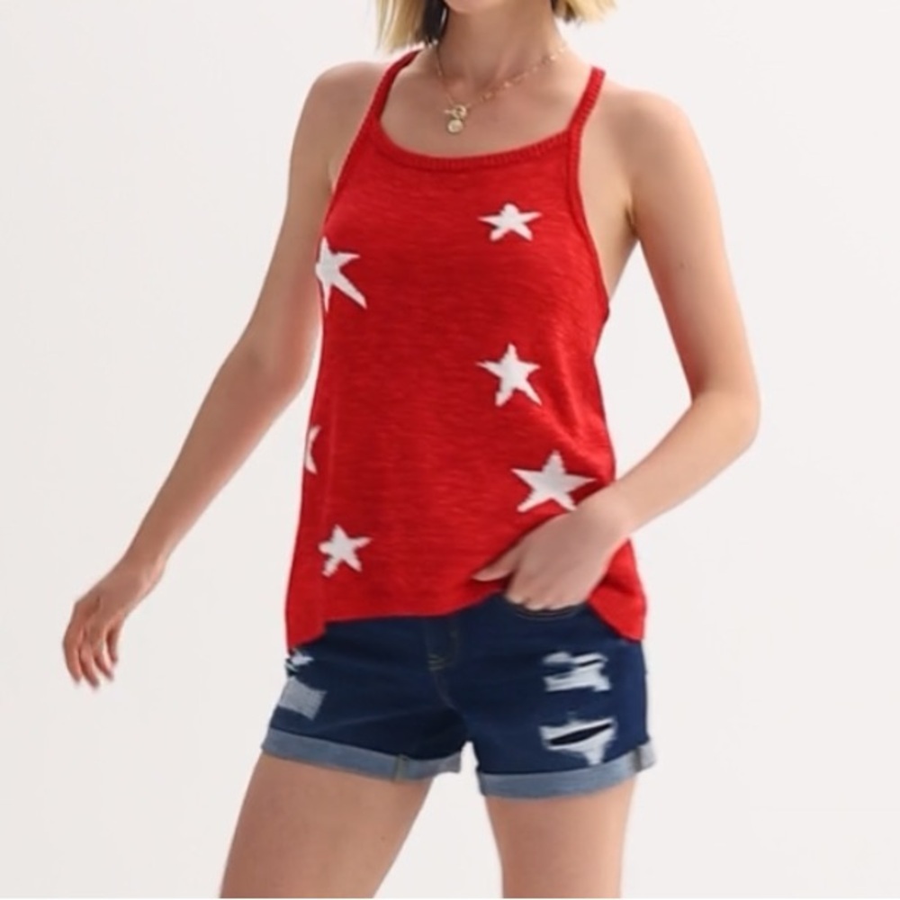 #83 Freshman 1996 Starry Americana Red Knit Crossback Sweater Juniors Tank Top - Picture 10 of 13
